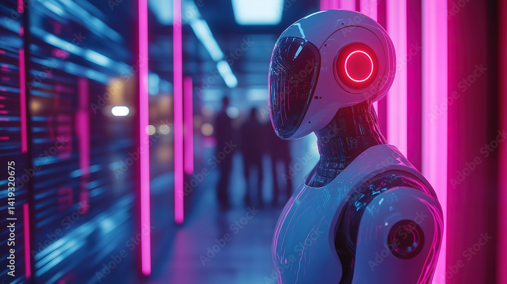 Poster chatbot with a businessman and it team in a humanoid support center enhancing futuristic work dynami
