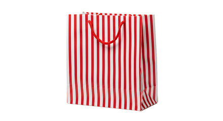Obraz premium A red and white striped shopping bag with red rope handles on a black background in a studio shot