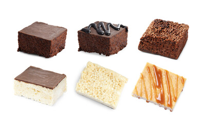 Delicious puffed rice bars on white background, collage