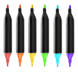 Color double sided markers on white background, set. Top view