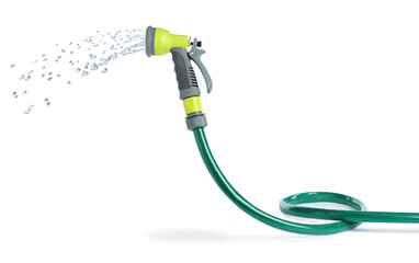 Rubber watering hose spraying water on white background. Gardening