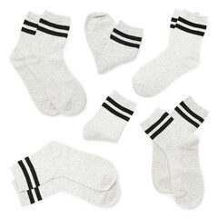 White socks with black stripes isolated in white, set. Top view