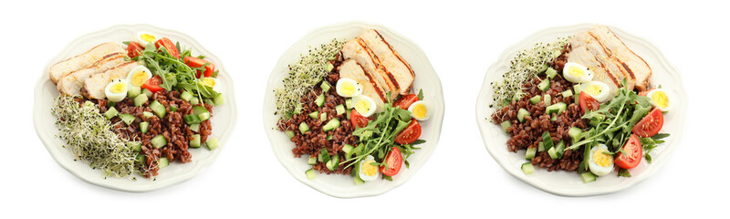 Tasty salad with brown rice isolated on white, collage