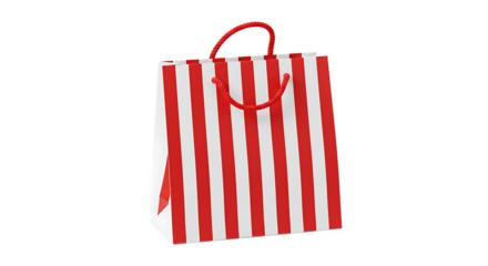 A striped shopping bag in red and white with red handles on a black background in a studio shot