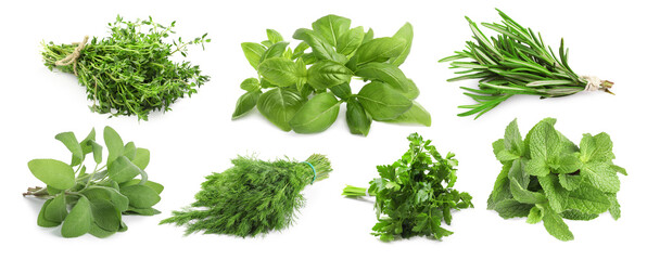 Different aromatic herbs on white background, collage
