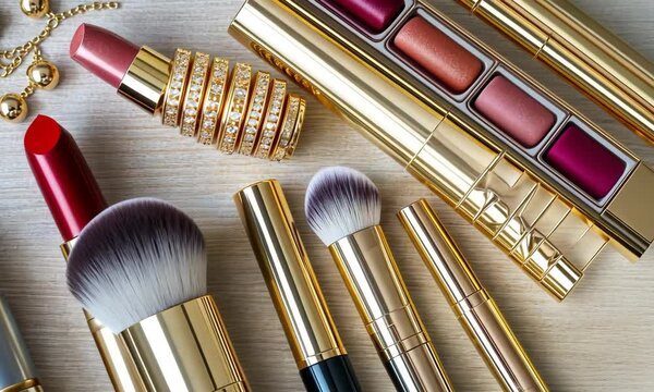 Beauty accessories with lipsticks brushes and jewelry on clean vanity with HDR lighting created with Generative AI technology
