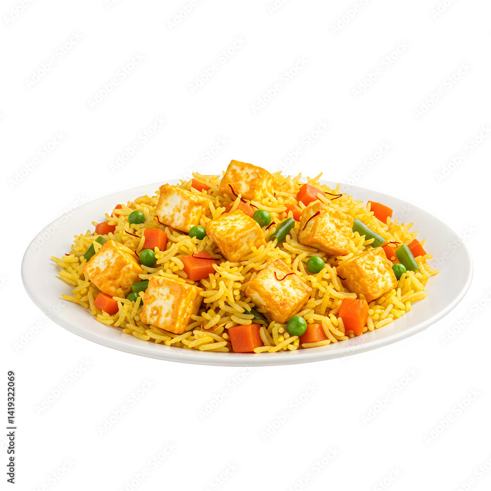 Poster paneer pulao in a plate isolated on a transparent background