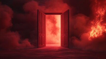 Dramatic Hallway with Scorched Walls and Ominous Red Light from an Open Door