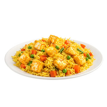 Paneer pulao in a plate isolated on a transparent background 