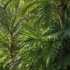 green palm tree, palm tree leaves, close up of palm tree