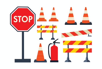 Road barriers set. Various traffic signs and cones near stop roadsign. Traffic control during construction and repairs. Navigation and direction. Flat vector collection isolated on white background 