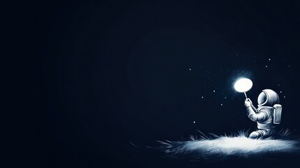 Astronaut holds glowing sphere in dark field under a starry night