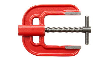 A close up shot of a red c clamp tool with a silver screw mechanism against a black background