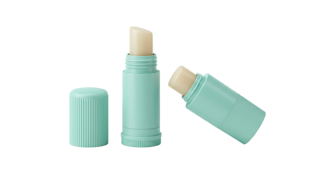 Two light blue lip balm tubes one standing with the cap off against a black background space for text