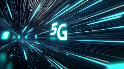 5G technology concept with glowing symbols and network connections, digital background with copy space
