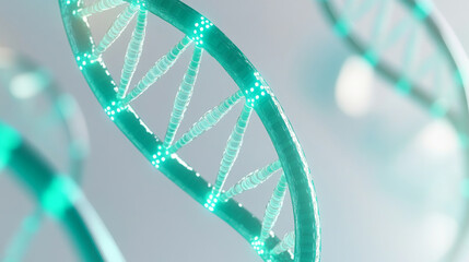 Teal DNA double helix with glowing elements on light background with copy space