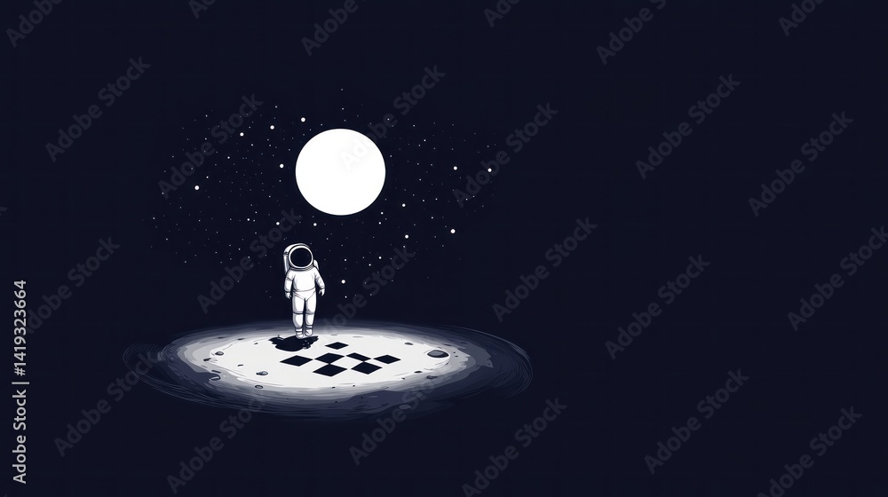 Poster astronaut stands on a small planet under the moon and stars with dark background in space