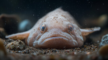 A blobfish with a unique facial shape and melancholic expression, lying on the muddy seabed with small rocks around it, Ai generated images