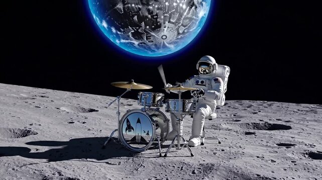 Astronaut playing drums on the moon with Earth in the background  