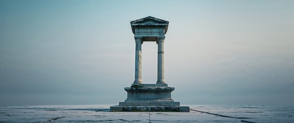 A faded stone monument standing alone in the distance wide angle panoramic view horizontal symmetric background.