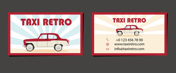 A professionally designed retro taxi business card featuring a classic vintage car illustration. The vibrant design includes contact details and a striking red-and-beige color scheme. © Elvira