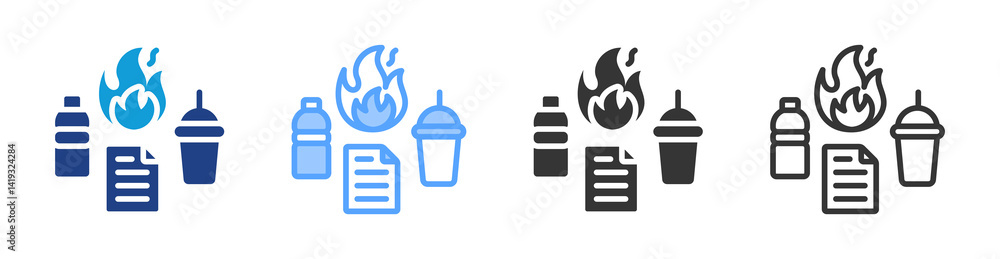Poster waste burning icon set multiple style collection
