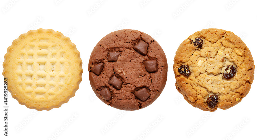 Aufkleber a top view of three different cookies lined up against a black background showing their textures