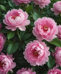 Fototapeta premium Luscious pink peonies, lush green leaves Close-up view , macro, flower arrangement