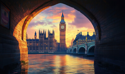 Naklejka premium Big Ben and Houses of Parliament at Sunset Viewed from Under Bridge in London.