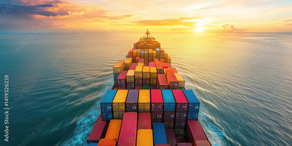 Poster container ship navigating through calm waters at sunset with colorful cargo containers.