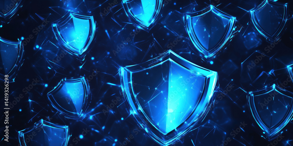 Poster digital security shields glowing in blue against dark background for cybersecurity concepts.