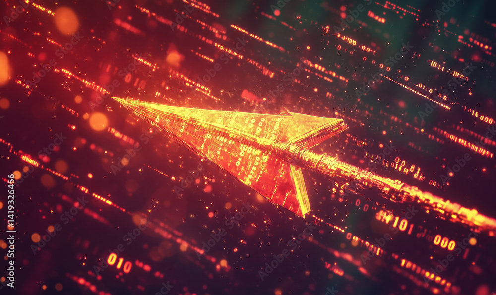 Poster futuristic glowing arrow piercing through digital binary code background.