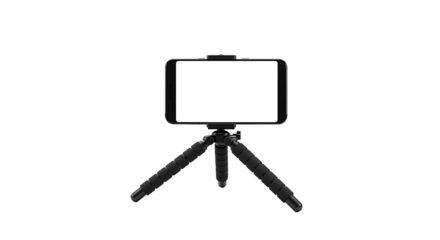 A smartphone with a white screen mounted on a small black flexible legged tripod on black background