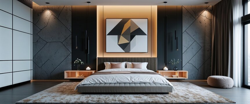 Contemporary bedroom with geometric wall art and plush bedding wide angle panoramic view horizontal symmetric background.