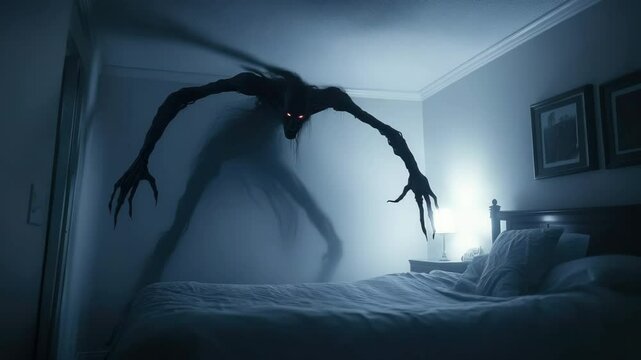 Person had nightmare. Scary monster stand in bed room. Spooky creepy creature. Insomnia or sleep paralysis concept. Bad dream. Anxiety stress problem. Monster or eerie demon in bedroom. Mental health.
