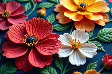 Fototapeta premium Bold floral tapestry, vibrant hues, close-up detail, embroidery, spring, floral