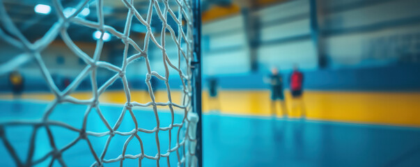 Indoor handball court with players in background and goal net in focus, copy space for text.