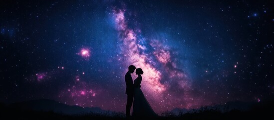 Obraz premium Couple embracing under starry night sky, romantic wedding
