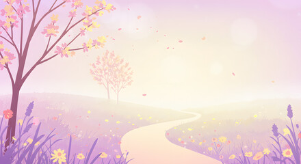 Serene Spring Path: Pastel Landscape with Blooming Trees