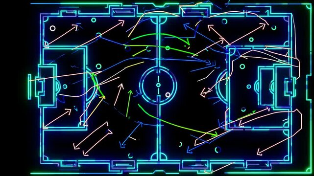 Neon tactical football strategy board, arrows and paths illustrating dynamic soccer game plan