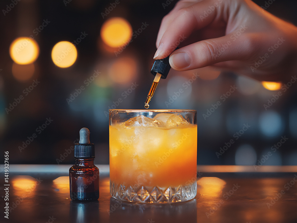 Poster adding bitters cocktail eyedropper bokeh