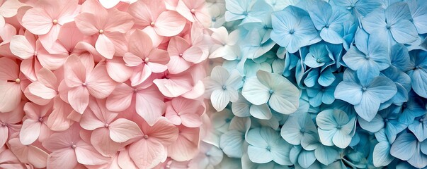 Fototapeta premium Close-up of pink and blue hydrangeas symbolizing balance and harmony for greeting cards