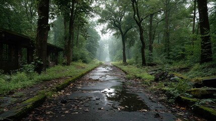 Fototapeta premium An overgrown abandoned highway with trees growing through the asphalt, wild animals freely crossing it, nature reclaiming human structures.