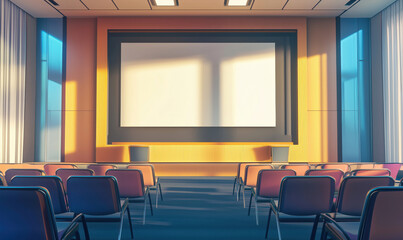 Modern conference room with empty chairs and large projection screen.