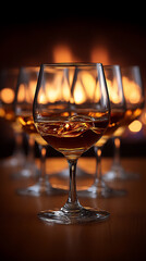 brandy snifters swirling fireplace bokeh