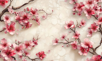 Cherry blossom branches with pink flowers on textured background.