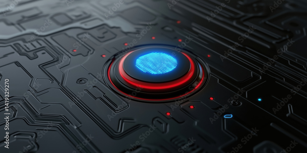 Poster futuristic glowing button on circuit board background with intricate patterns and lights.