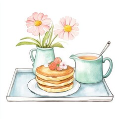 Watercolor illustration of a delicious breakfast tray featuring pancakes, fresh strawberries, blooming flowers, and a cup of tea on a white background