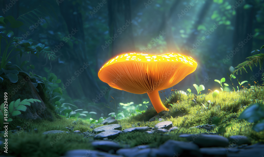 Aufkleber glowing mushroom in enchanting forest setting with soft light and lush greenery.