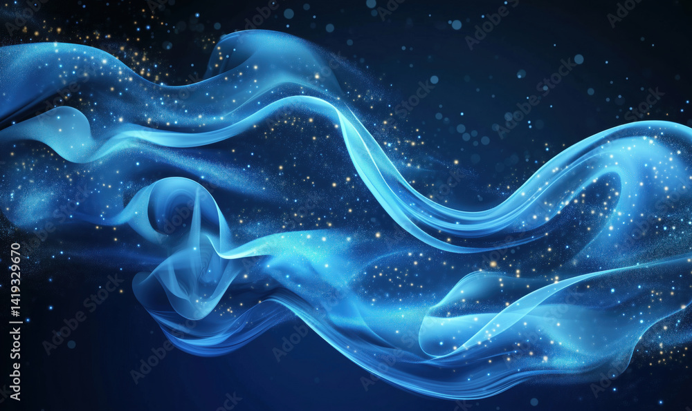 Aufkleber blue abstract wave with sparkling particles on dark background for digital design.